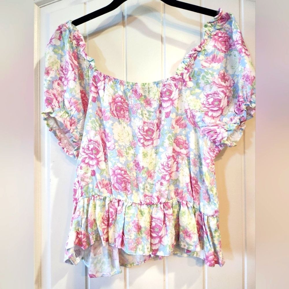 Almost Famous Women's Junior Blouse, Large, Puff Sleeve Pastel Rose Pink Blue - Picture 2 of 16